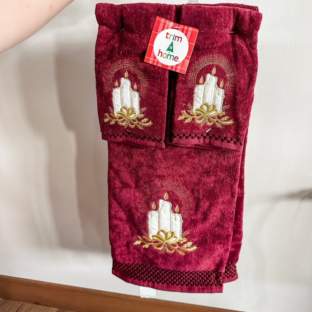 VTG New 90s Christmas Decorative Towel Set 3 Burgundy Candles Kmart‎ Cottagecore